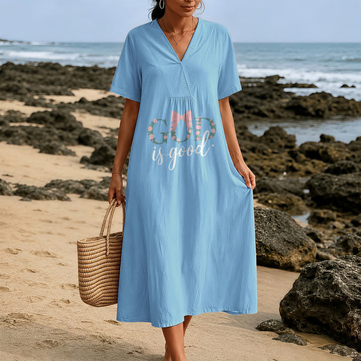 Robe midi à manches courtes et col en V, motif aquarelle « Dieu est bon en tout temps » , Christianartworkshop - image 1