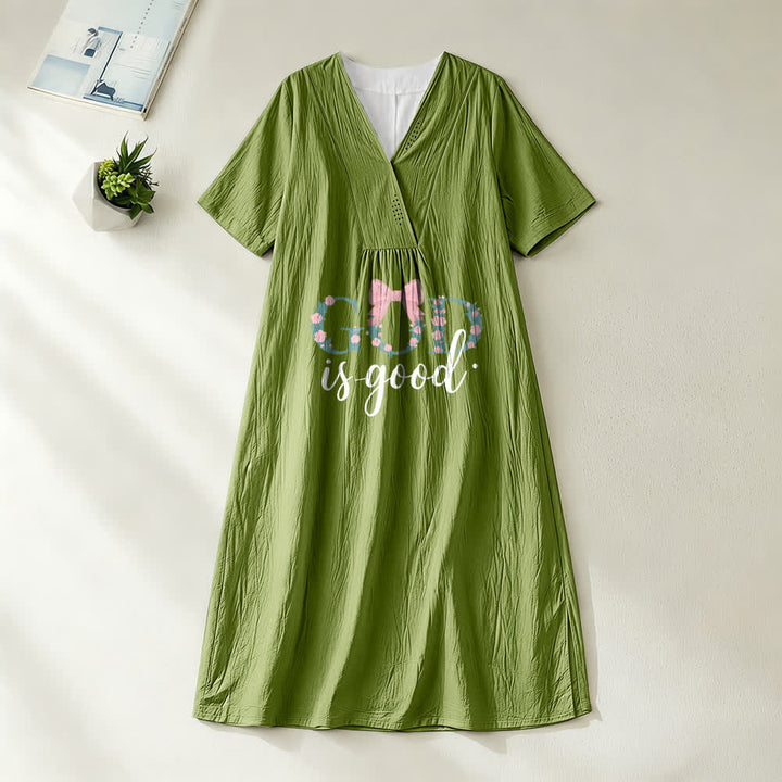 Robe midi à manches courtes et col en V, motif aquarelle « Dieu est bon en tout temps » , Christianartworkshop - Vert olive - 4XL - image 10