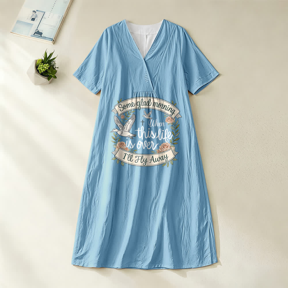 Christianartworkshop Robe midi à manches courtes et col en V, motif colombe, « Some Glad Morning I'll Fly Away » - Bleu - 4XL - image 4