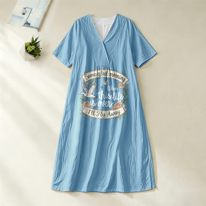 Christianartworkshop Robe midi à manches courtes et col en V, motif colombe, « Some Glad Morning I'll Fly Away » - Bleu - 4XL - image 4