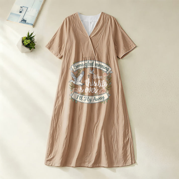 Christianartworkshop Robe midi à manches courtes et col en V, motif colombe, « Some Glad Morning I'll Fly Away » - Kaki - 4XL - image 6