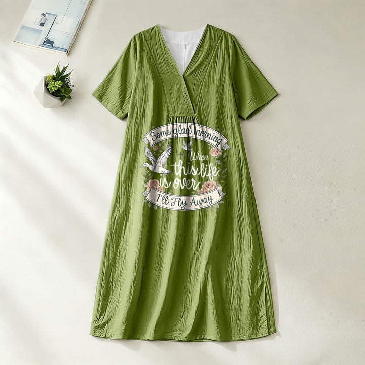 Christianartworkshop Robe midi à manches courtes et col en V, motif colombe, « Some Glad Morning I'll Fly Away » - Vert olive - 4XL - image 10