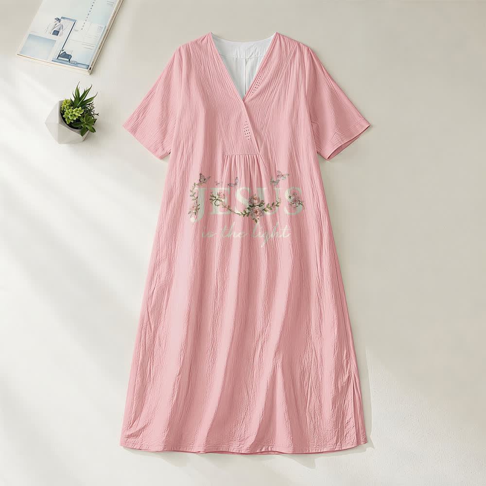 Robe midi à manches courtes et col en V à motif floral et papillon « Jésus est la lumière » de Christianartworkshop - Rose - 4XL - image 6