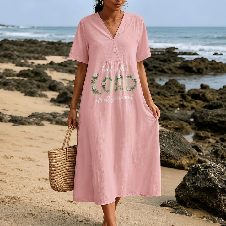 Christianartworkshop Robe midi fleurie à manches courtes et col en V « Confie-toi en Dieu de tout ton cœur » - image 1