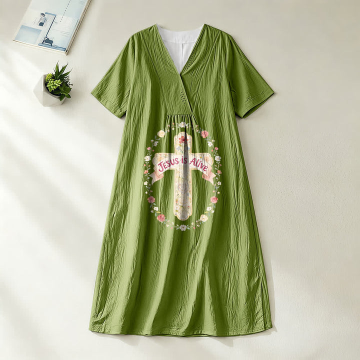Robe midi à manches courtes et col en V à motif floral croisé, Christianartworkshop - Vert olive - 4XL - image 10