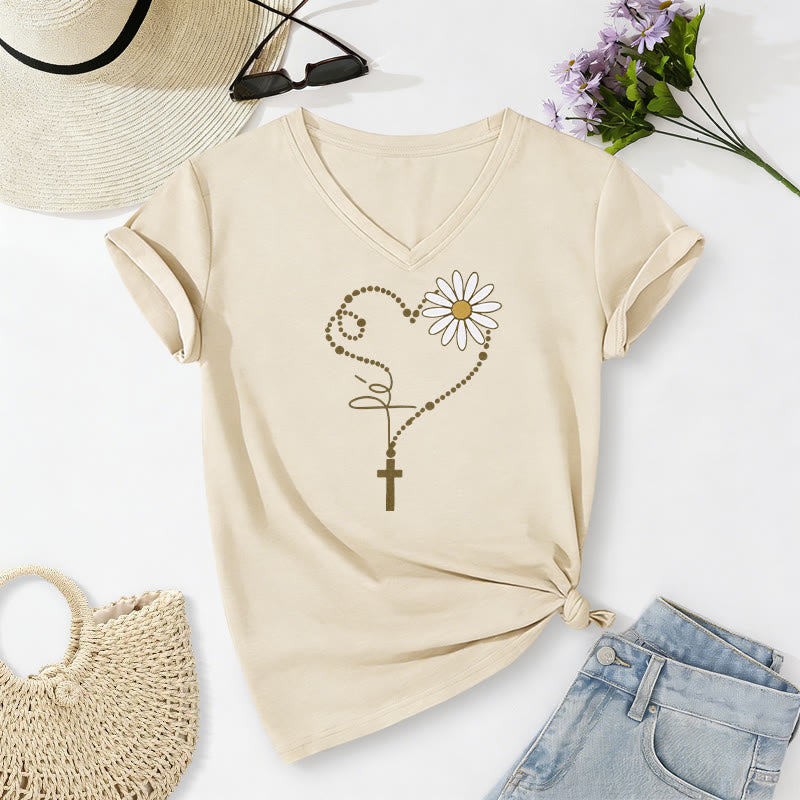 Christianartworkshop T-shirt décontracté à col en V avec motif cœur, croix et marguerite à pois dorés - Beige - 2XL - image 4