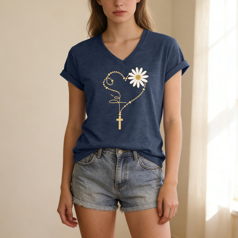 Christianartworkshop T-shirt décontracté à col en V avec motif cœur, croix et marguerite à pois dorés - image 21