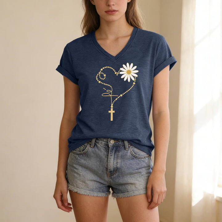 Christianartworkshop T-shirt décontracté à col en V avec motif cœur, croix et marguerite à pois dorés - image 21