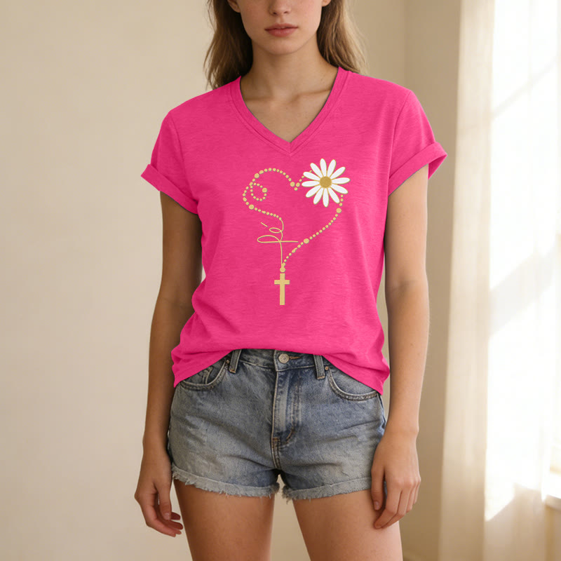 Christianartworkshop T-shirt décontracté à col en V avec motif cœur, croix et marguerite à pois dorés - image 25