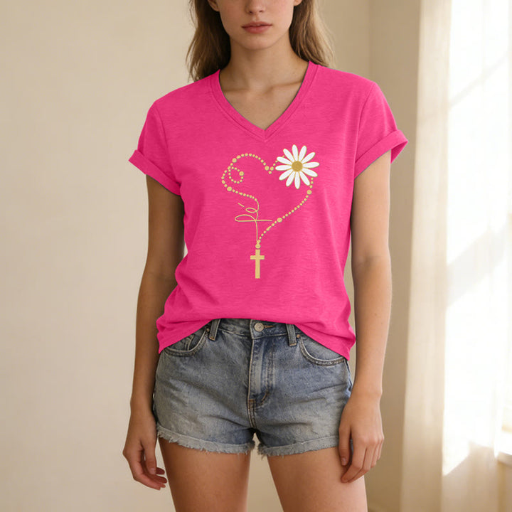 Christianartworkshop T-shirt décontracté à col en V avec motif cœur, croix et marguerite à pois dorés - image 25