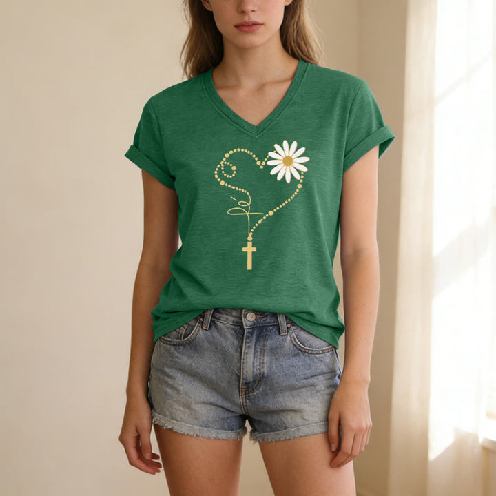 Christianartworkshop T-shirt décontracté à col en V avec motif cœur, croix et marguerite à pois dorés - image 17