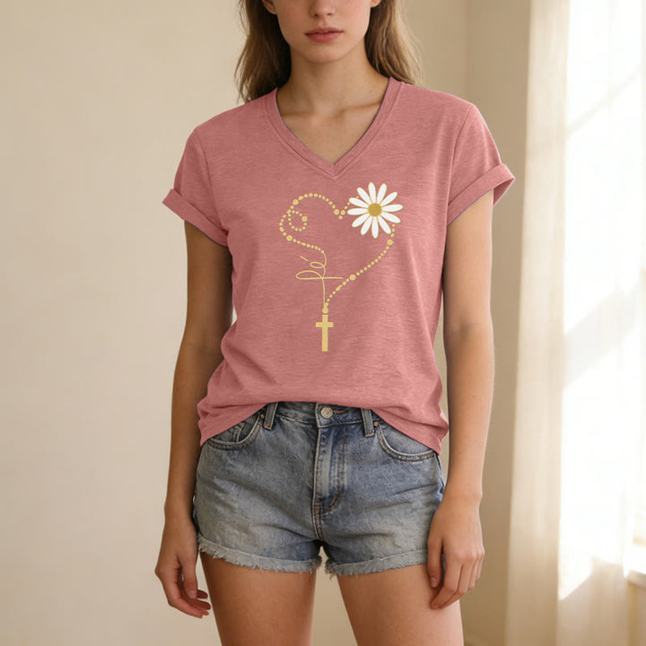Christianartworkshop T-shirt décontracté à col en V avec motif cœur, croix et marguerite à pois dorés - image 15