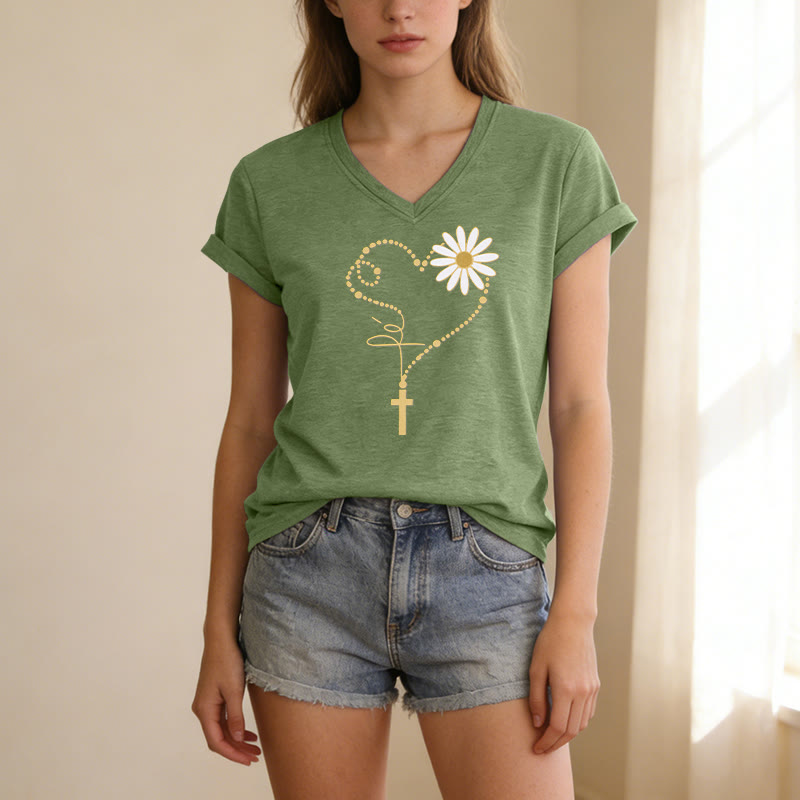 Christianartworkshop T-shirt décontracté à col en V avec motif cœur, croix et marguerite à pois dorés - image 9