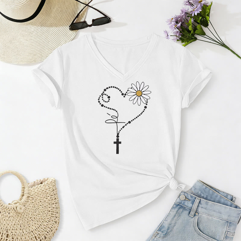 Christianartworkshop T-shirt décontracté à col en V avec motif cœur, croix et marguerite à pois dorés - Blanc - 2XL - image 10