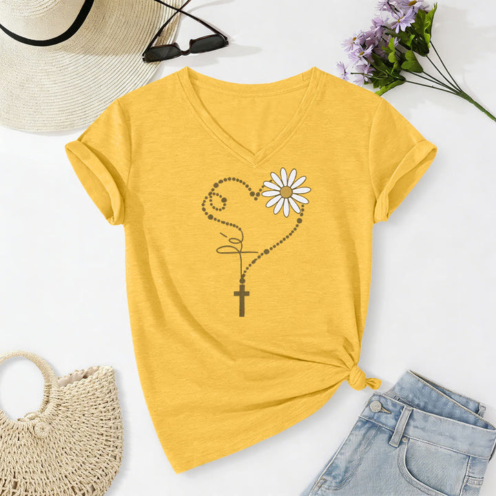 Christianartworkshop T-shirt décontracté à col en V avec motif cœur, croix et marguerite à pois dorés - Jaune - 2XL - image 6