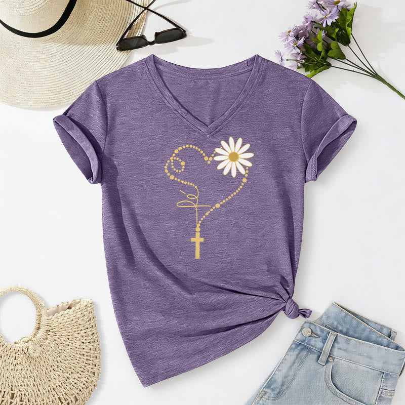Christianartworkshop T-shirt décontracté à col en V avec motif cœur, croix et marguerite à pois dorés - Violet - 2XL - image 18