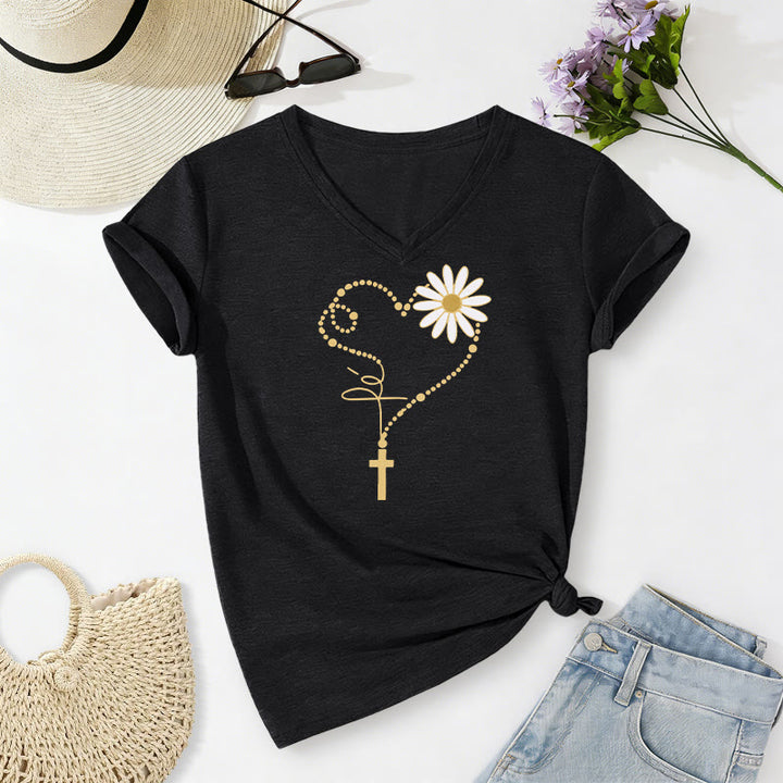Christianartworkshop T-shirt décontracté à col en V avec motif cœur, croix et marguerite à pois dorés - Noir - 2XL - image 2