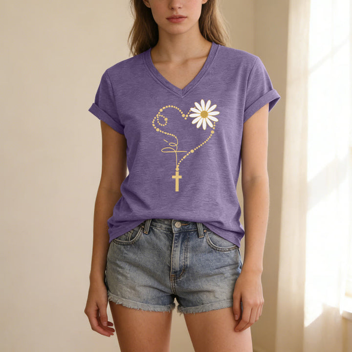 Christianartworkshop T-shirt décontracté à col en V avec motif cœur, croix et marguerite à pois dorés - image 19
