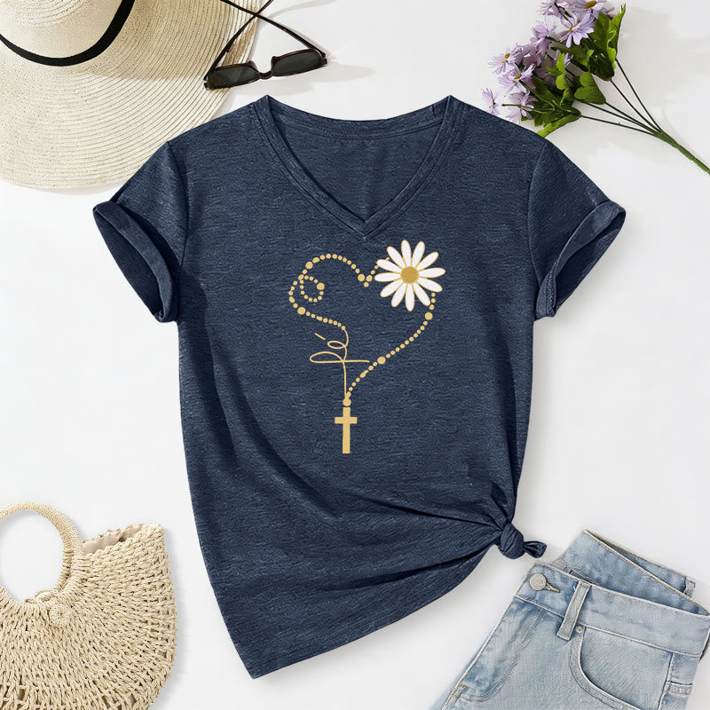 Christianartworkshop T-shirt décontracté à col en V avec motif cœur, croix et marguerite à pois dorés - Bleu marine - 2XL - image 20