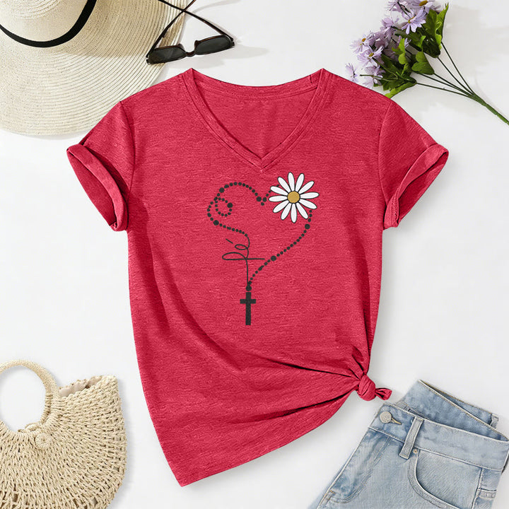 Christianartworkshop T-shirt décontracté à col en V avec motif cœur, croix et marguerite à pois dorés - Rouge - 2XL - image 22