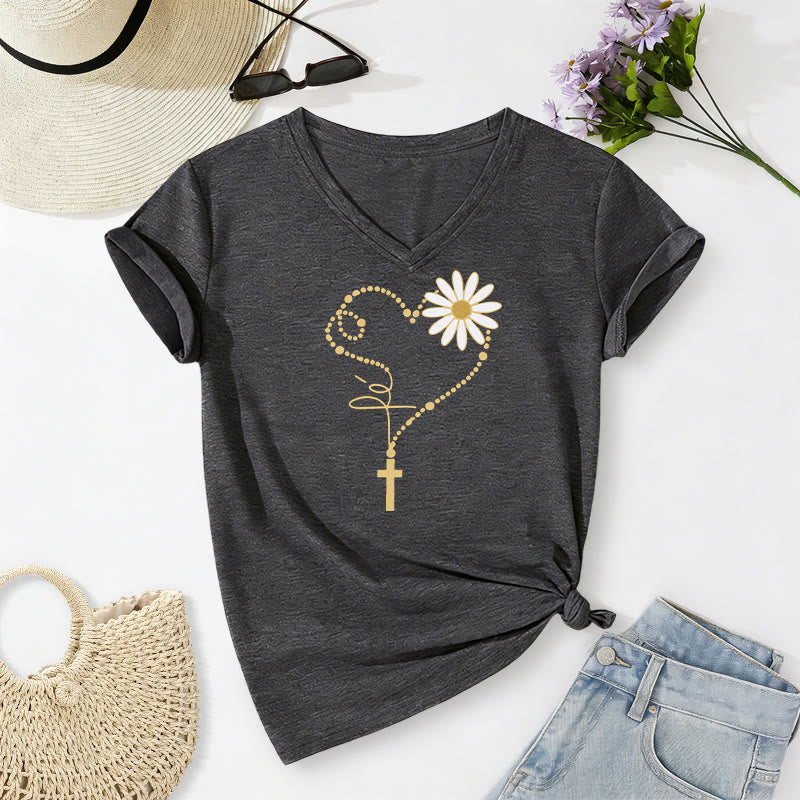 Christianartworkshop T-shirt décontracté à col en V avec motif cœur, croix et marguerite à pois dorés - Gris foncé - 2XL - image 0