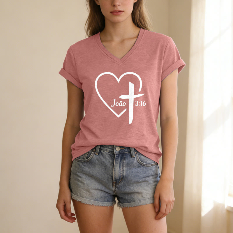 Christianartworkshop T-shirt vintage à col en V avec croix et cœur João 3:16 - image 1