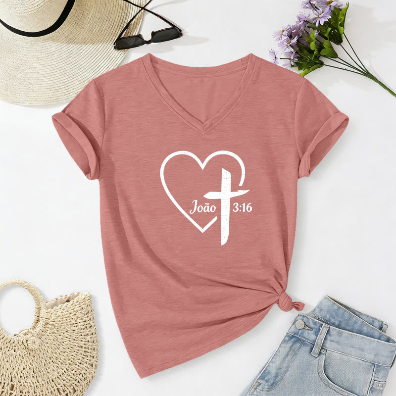 Christianartworkshop T-shirt vintage à col en V avec croix et cœur João 3:16 - Rose clair - 2XL - image 0