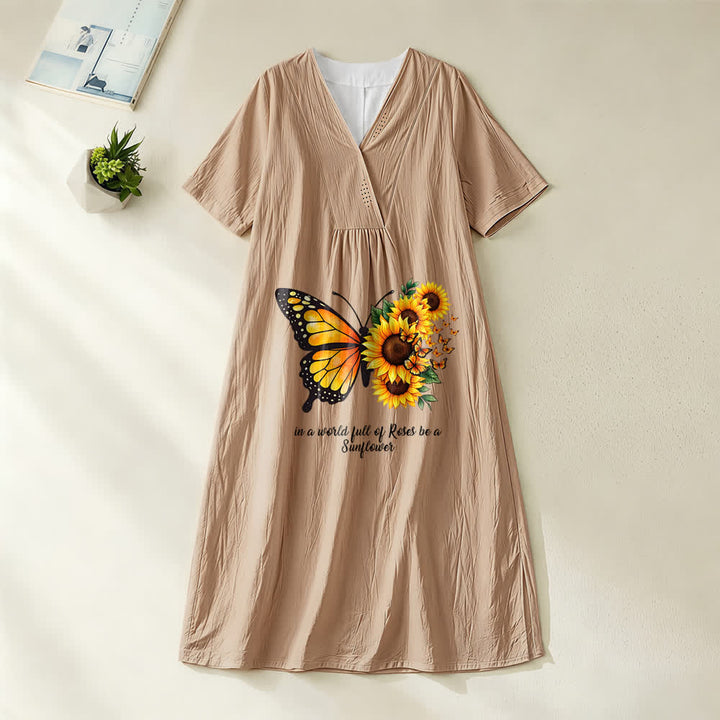 Robe midi à manches courtes et col en V avec inscription inspirante papillon et tournesol , Christianartworkshop - Kaki - 4XL - image 7