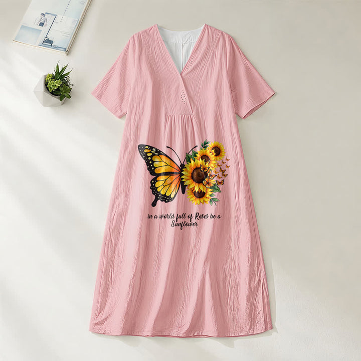 Robe midi à manches courtes et col en V avec inscription inspirante papillon et tournesol , Christianartworkshop - Rose - 4XL - image 8