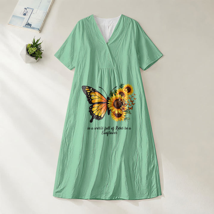 Robe midi à manches courtes et col en V avec inscription inspirante papillon et tournesol , Christianartworkshop - Vert - 4XL - image 4