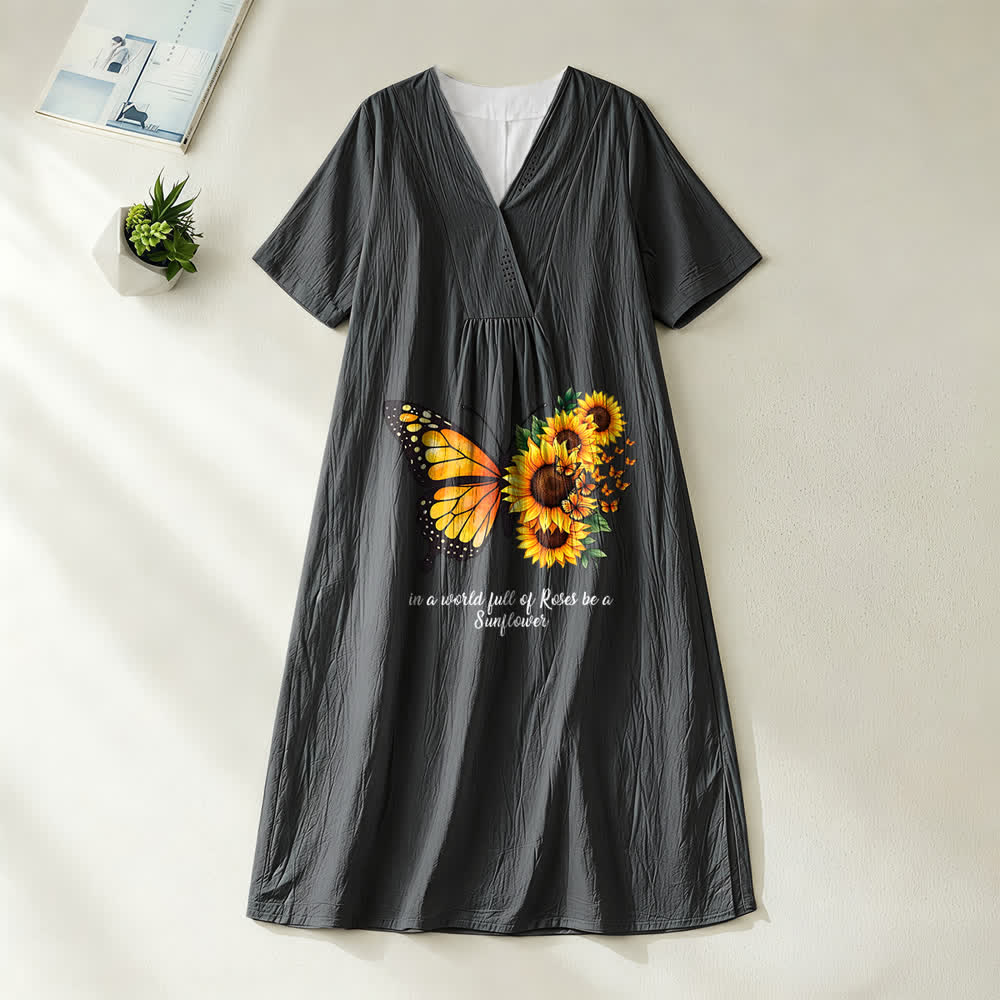 Robe midi à manches courtes et col en V avec inscription inspirante papillon et tournesol , Christianartworkshop - Noir - 4XL - image 0