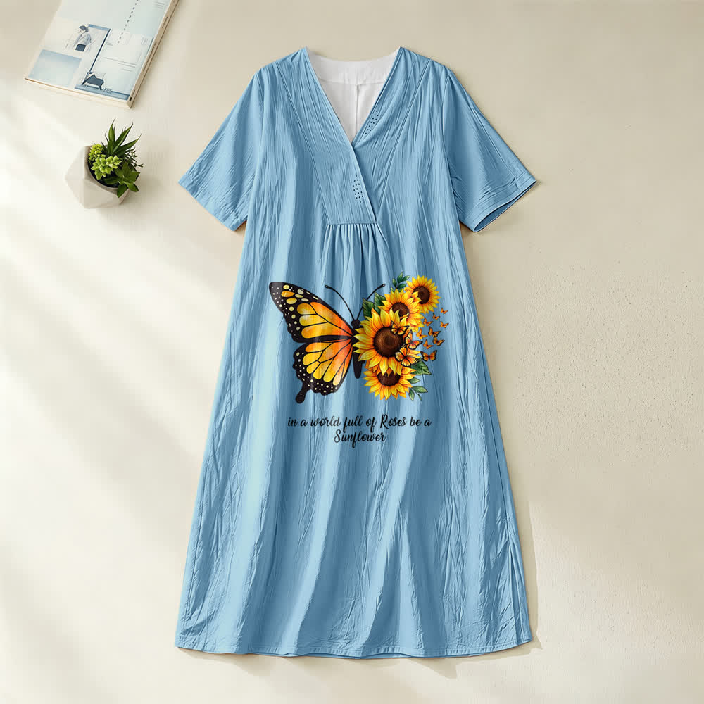 Robe midi à manches courtes et col en V avec inscription inspirante papillon et tournesol , Christianartworkshop - image 2