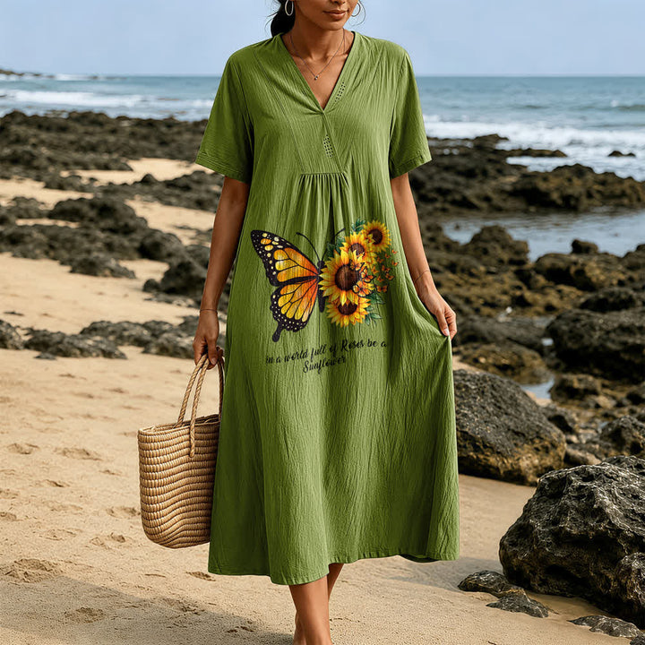 Robe midi à manches courtes et col en V avec inscription inspirante papillon et tournesol , Christianartworkshop - image 11