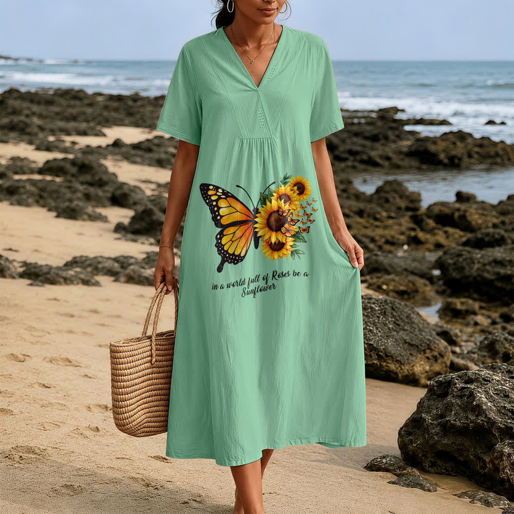 Robe midi à manches courtes et col en V avec inscription inspirante papillon et tournesol , Christianartworkshop - image 5