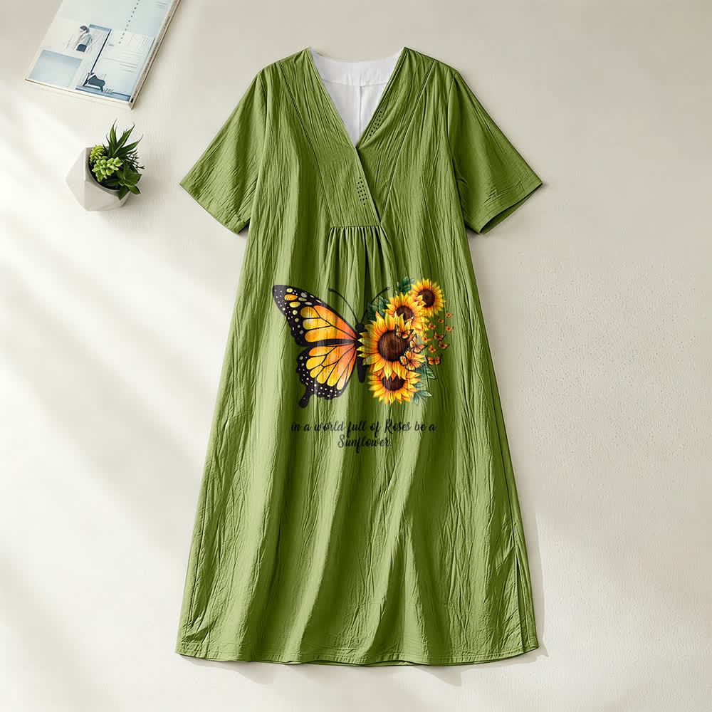 Robe midi à manches courtes et col en V avec inscription inspirante papillon et tournesol , Christianartworkshop - Vert olive - 4XL - image 10