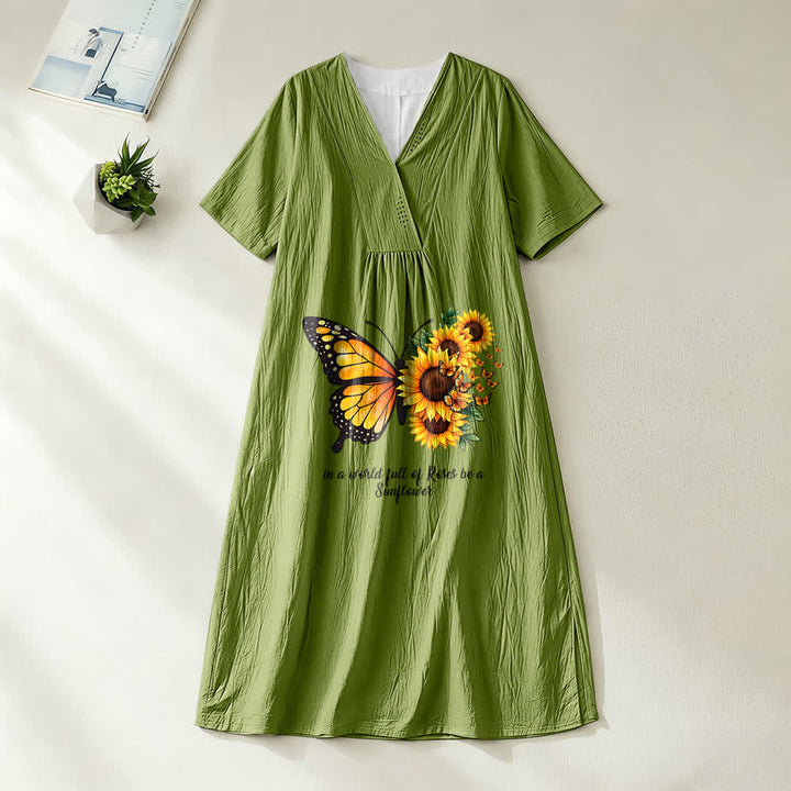 Robe midi à manches courtes et col en V avec inscription inspirante papillon et tournesol , Christianartworkshop - Vert olive - 4XL - image 10