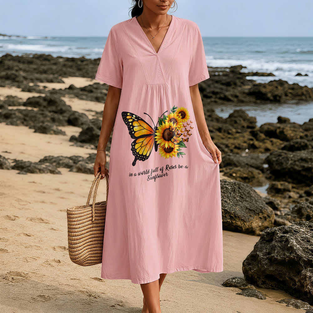 Robe midi à manches courtes et col en V avec inscription inspirante papillon et tournesol , Christianartworkshop - image 9