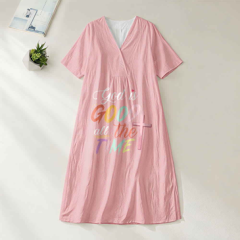 Robe midi à manches courtes et col en V, inspirée par la foi et portant l'inscription « Dieu est bon en tout temps », de Christianartworkshop - Rose - 4XL - image 8