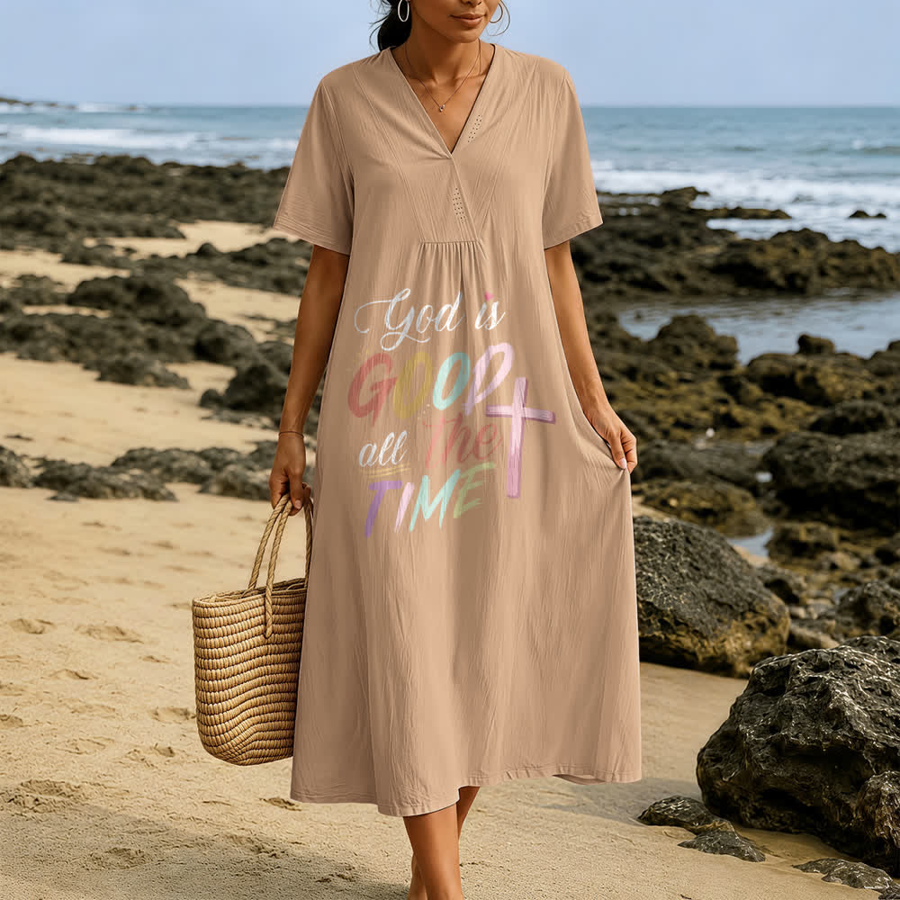 Robe midi à manches courtes et col en V, inspirée par la foi et portant l'inscription « Dieu est bon en tout temps », de Christianartworkshop - image 1