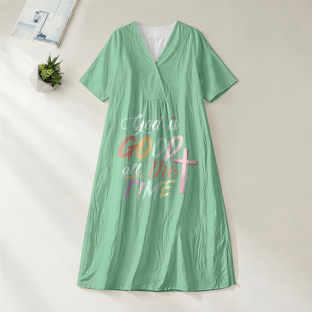 Robe midi à manches courtes et col en V, inspirée par la foi et portant l'inscription « Dieu est bon en tout temps », de Christianartworkshop - Vert - 4XL - image 6