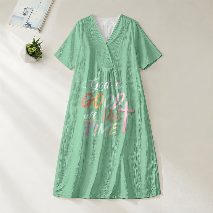 Robe midi à manches courtes et col en V, inspirée par la foi et portant l'inscription « Dieu est bon en tout temps », de Christianartworkshop - Vert - 4XL - image 6