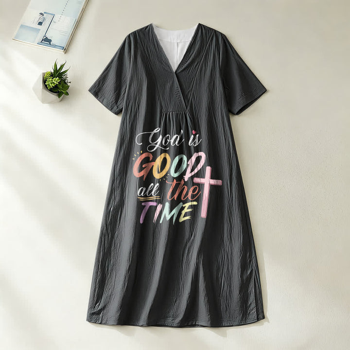 Robe midi à manches courtes et col en V, inspirée par la foi et portant l'inscription « Dieu est bon en tout temps », de Christianartworkshop - Noir - 4XL - image 2