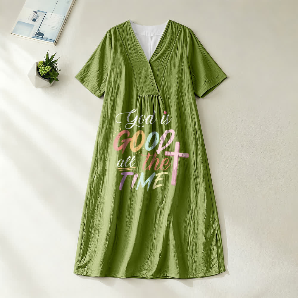 Robe midi à manches courtes et col en V, inspirée par la foi et portant l'inscription « Dieu est bon en tout temps », de Christianartworkshop - Vert olive - 4XL - image 10