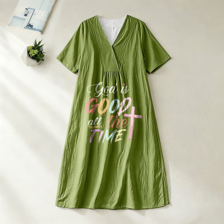 Robe midi à manches courtes et col en V, inspirée par la foi et portant l'inscription « Dieu est bon en tout temps », de Christianartworkshop - Vert olive - 4XL - image 10