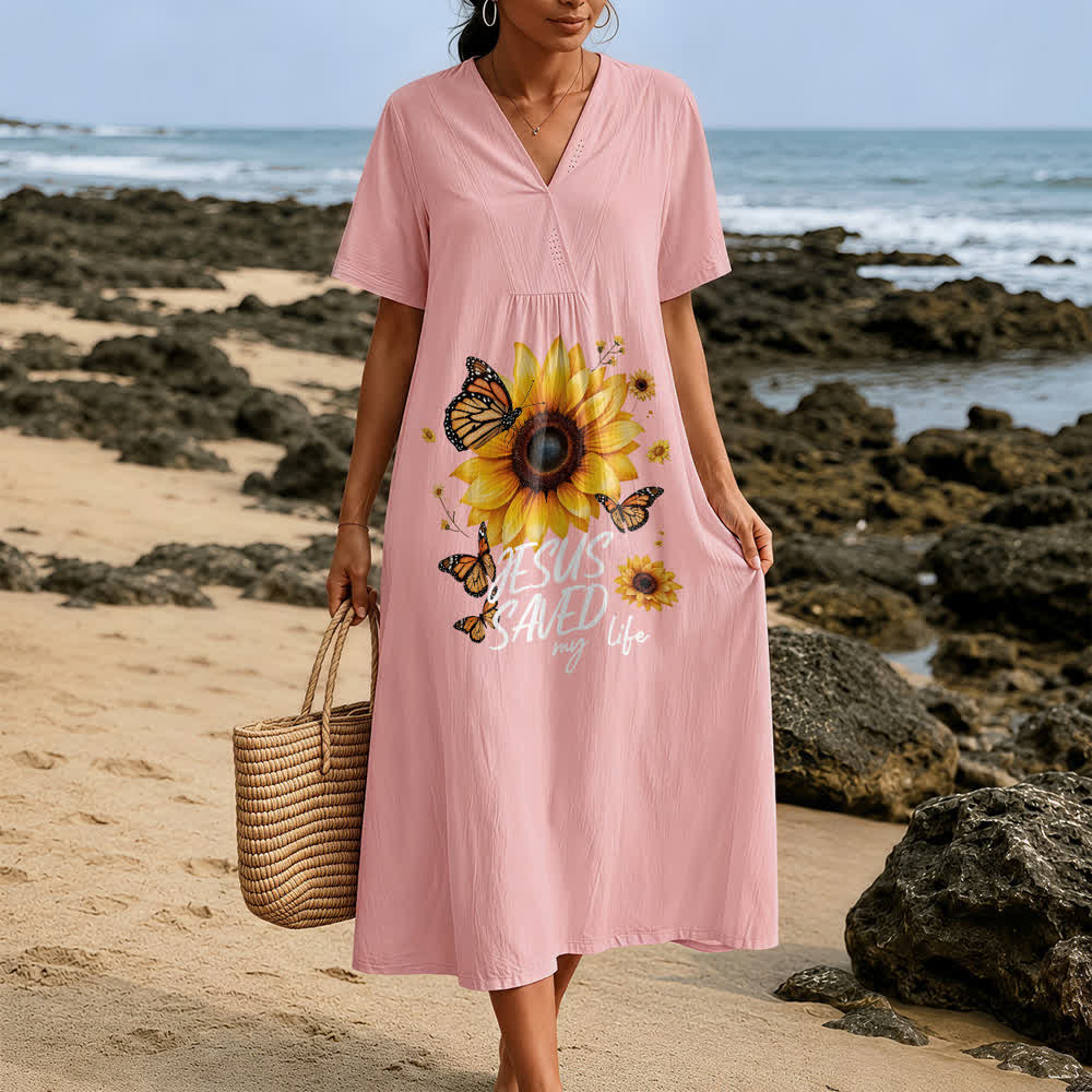 Robe midi à manches courtes et col en V, motif tournesol et papillon, de Christianartworkshop « Jésus m'a sauvé la vie ». - image 11