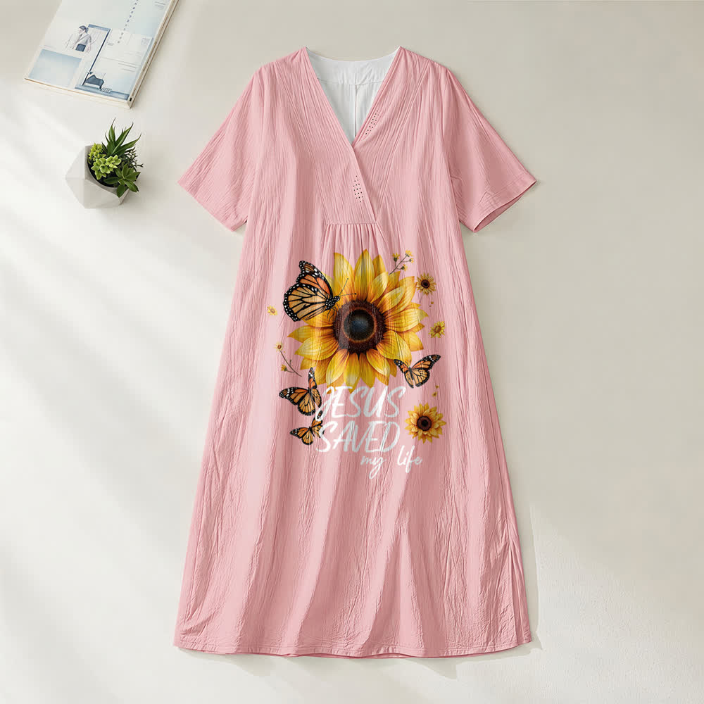 Robe midi à manches courtes et col en V, motif tournesol et papillon, de Christianartworkshop « Jésus m'a sauvé la vie ». - Rose - 4XL - image 10