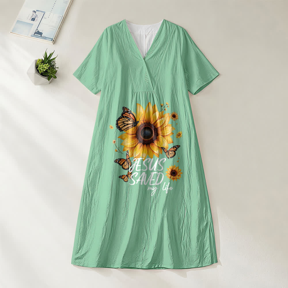 Robe midi à manches courtes et col en V, motif tournesol et papillon, de Christianartworkshop « Jésus m'a sauvé la vie ». - Vert - 4XL - image 8