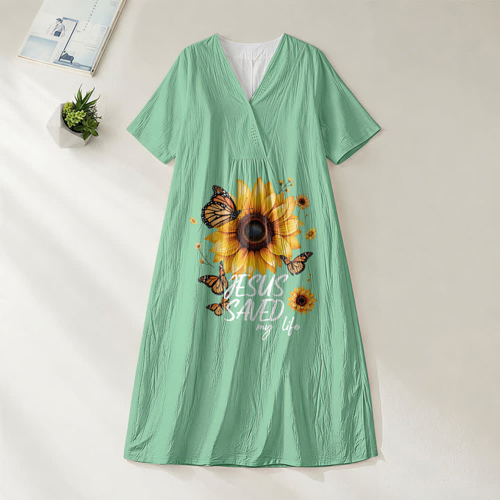 Robe midi à manches courtes et col en V, motif tournesol et papillon, de Christianartworkshop « Jésus m'a sauvé la vie ». - Vert - 4XL - image 8