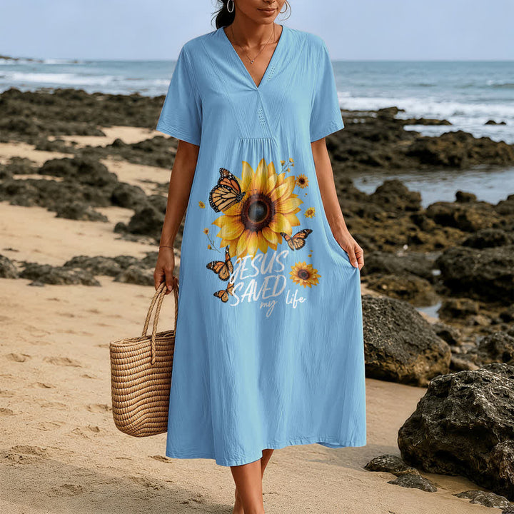 Robe midi à manches courtes et col en V, motif tournesol et papillon, de Christianartworkshop « Jésus m'a sauvé la vie ». - image 7