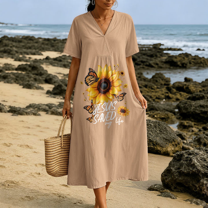 Robe midi à manches courtes et col en V, motif tournesol et papillon, de Christianartworkshop « Jésus m'a sauvé la vie ». - image 3